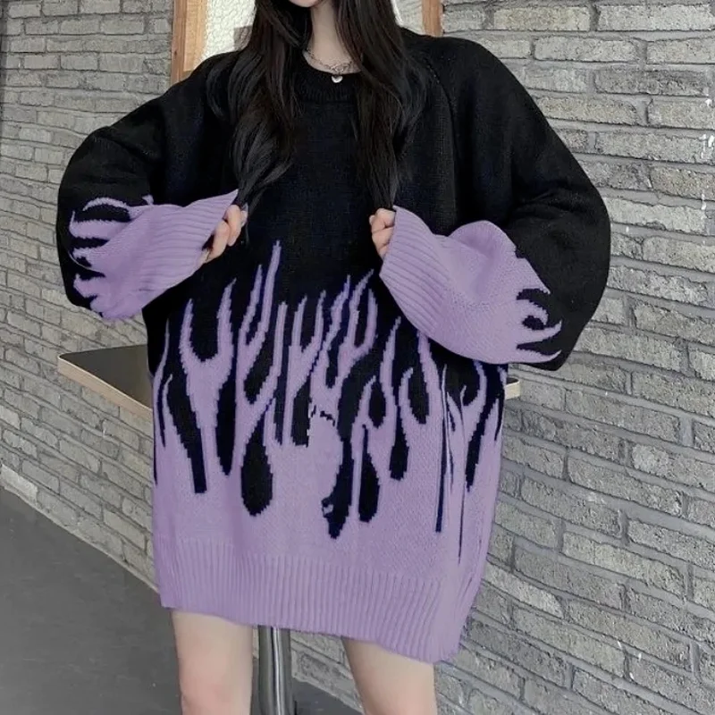 Top Trends: Deeptown Gothic Streetwear Purple Fire Printed Knitted Sweater Women Harajuku Hippie Vintage O-Neck Oversize Long Sleeve Jumper Shoppable Styles