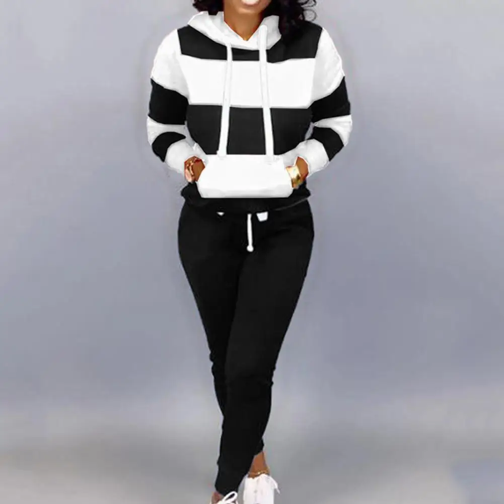 Top Trends: Tracksuit Women Hoodie Pants Set Striped Printed Hooded Long Sleeve Warm Sweatshirts Drawstring Pocket Pants Female Survêtements Shoppable Styles