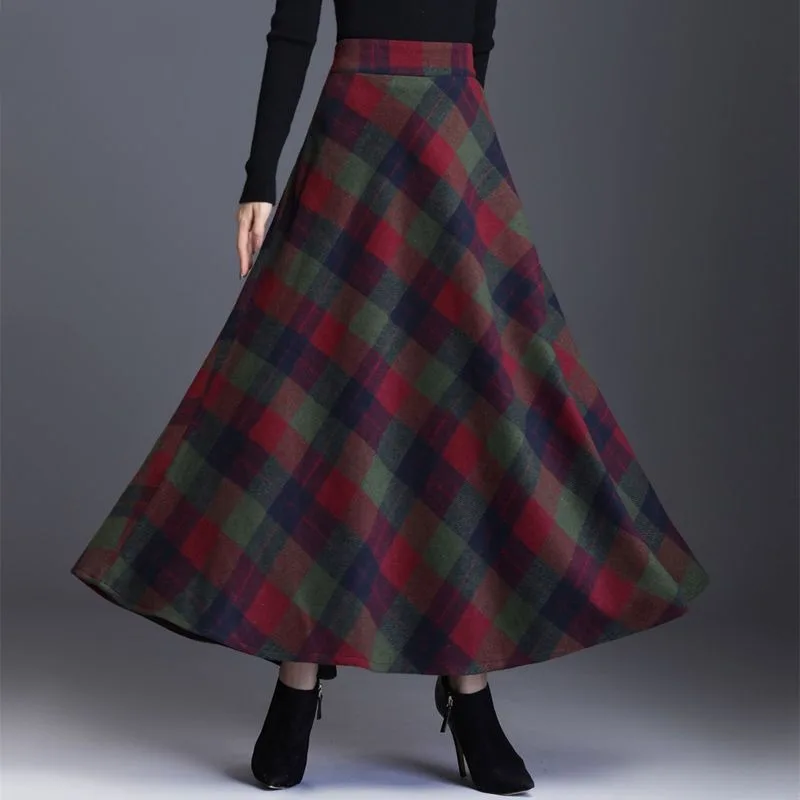 Top Trends: Winter New Fashion Versatile High Waist Woolen Half Skirt Women&#039;s Printed Plaid Patchwork Pockets Warm A-line Large Swing Skirt Shoppable Styles