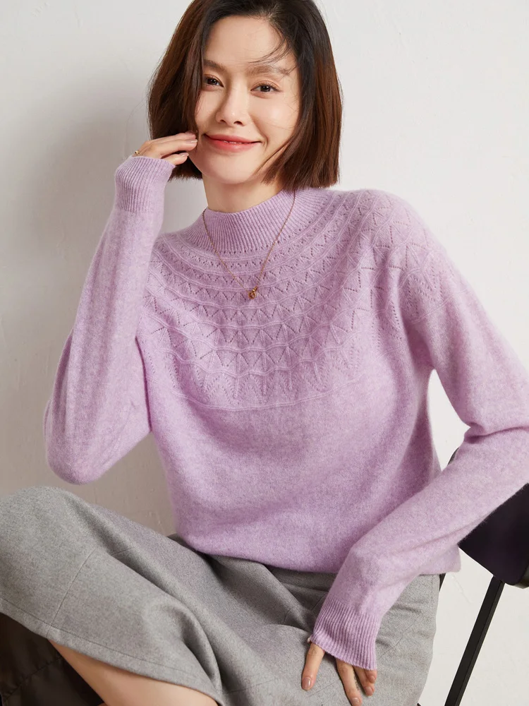 Top Trends: Autumn Winter Mock-neck Pullover Sweater For Women 100% Merino Wool Solid Hollow Soft Cashmere Knitwear Female Clothing Tops Shoppable Styles