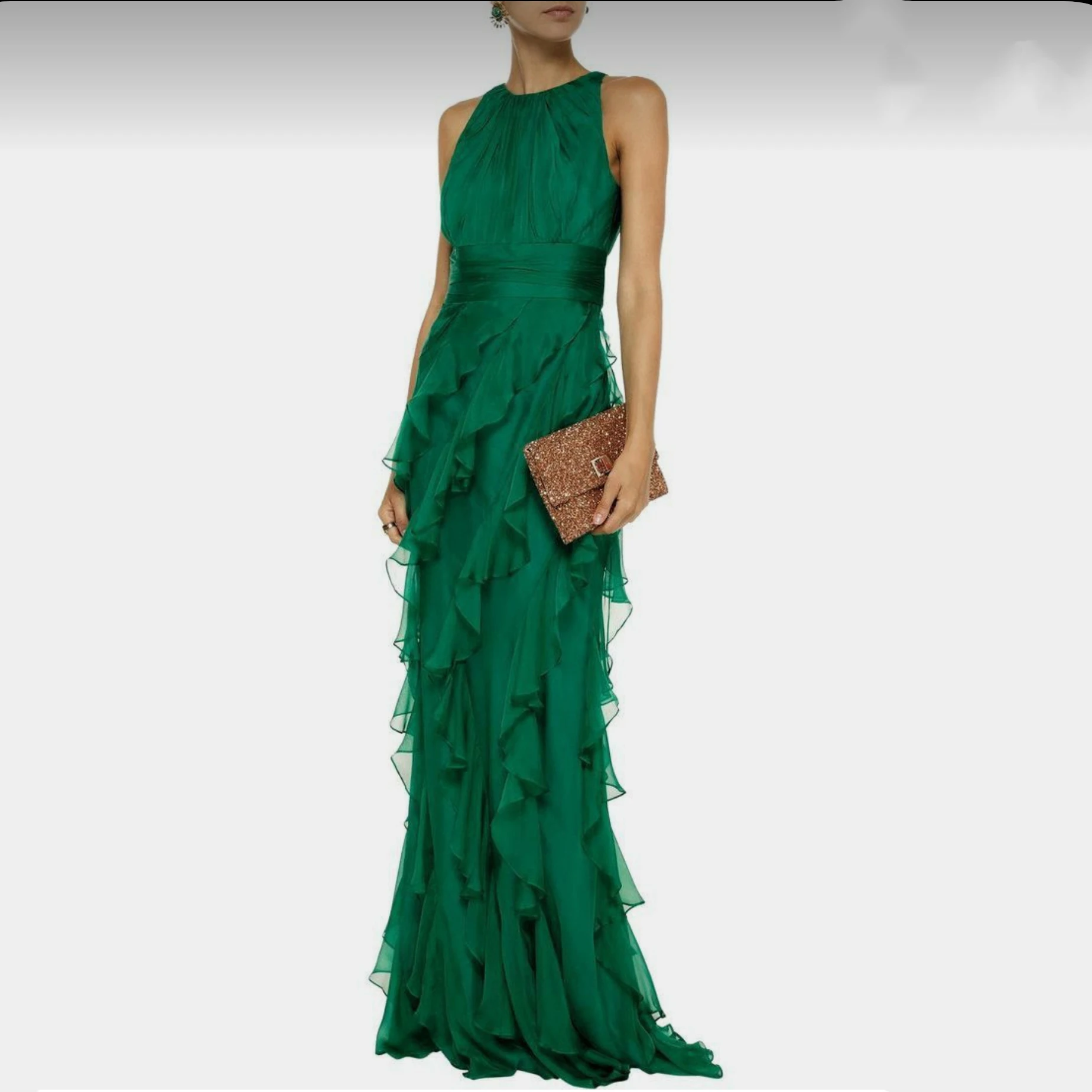 Top Trends: Emerald Green Ruffles Chiffon Evening Gown فساتين نسائيه سهره Sleeveless Straight Long Arabic Dubai Evening Dresses Shoppable Styles