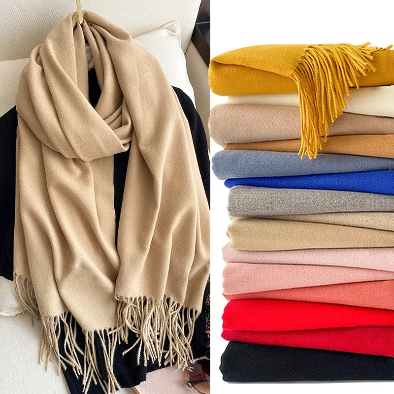 Top Trends: 2022 Winter Scarf Solid Thick Women Cashmere Scarves Neck Head Warm Hijabs Pashmina Lady Shawls And Wraps Bandana Tassel Shoppable Styles