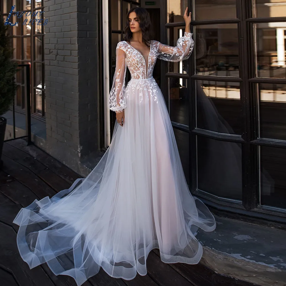 Top Trends: Deep V-neck Wedding Dresses Beach Lantern Long Sleeves Lace Appliques Tulle Floor Length Vestido De Novia Lace Up Bridal Gowns Shoppable Styles