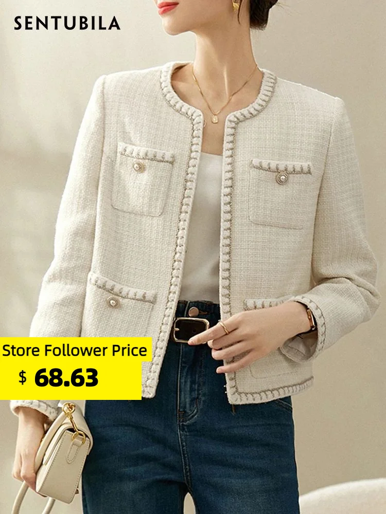 Top Trends: Sentubila Elegant Cropped Tweed Jacket For Women 2023 Round Neck Covered Button Autumn Winter Short Coats Outerwear 123W44147 Shoppable Styles