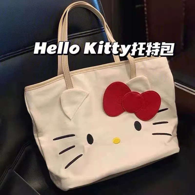 Top Trends: Hello Kitty Canvas Bag Woman New Fashion Large Capacity Handbag Cartoon Shoulder Shopping Bag College Style Tote Bag Shoppable Styles