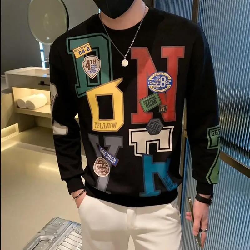 Top Trends: Fashion O-Neck Loose Printed Letter Sweatshirts Men's Clothing 2023 Autumn Winter New Oversized Korean Tops Casual Sweatshirts Shoppable Styles