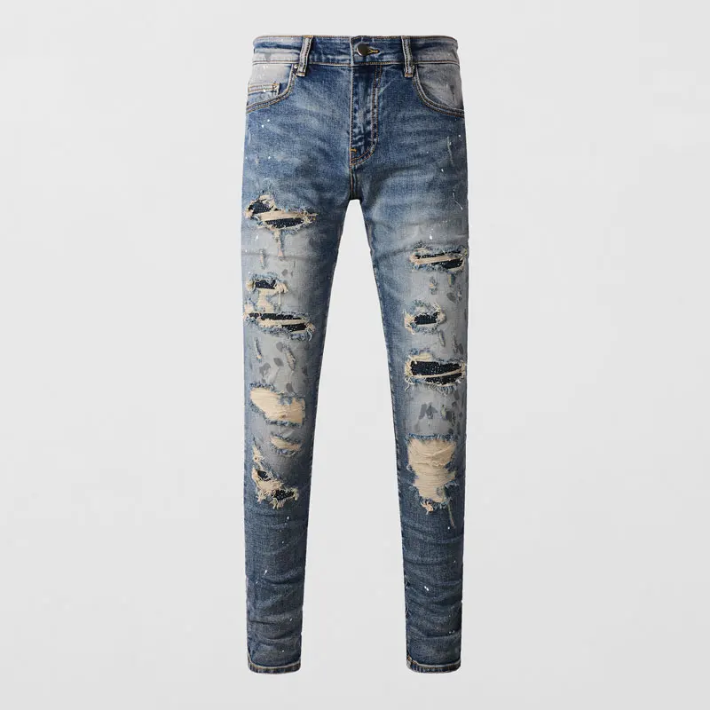 Top Trends: High Street Fashion Men Jeans Retro Washed Blue Stretch Skinny Fit Ripped Jeans Men Beading Patched Designer Hip Hop Brand Pants Shoppable Styles