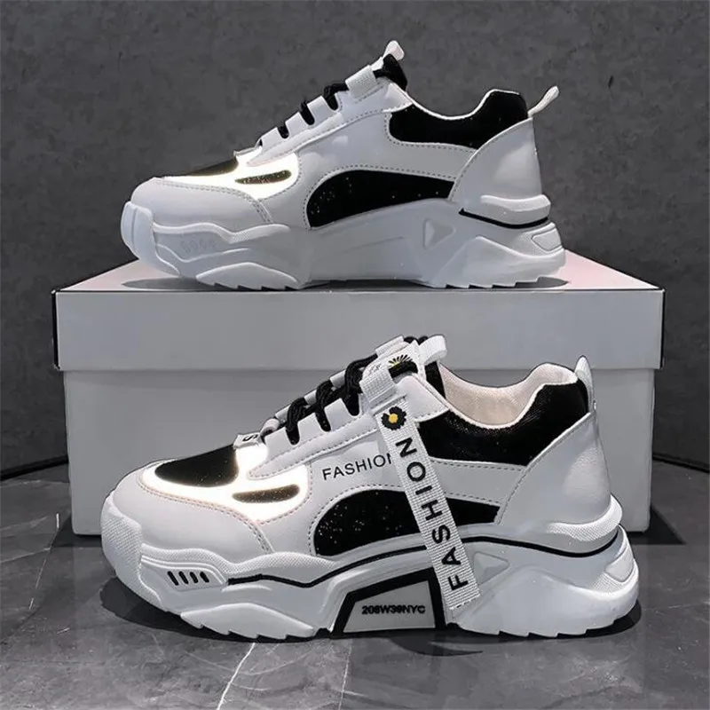 Top Trends: Fashion 2022 Spring Reflective Platform Sneakers Women Shoes Korean Lace Up Chunky Sneakers Mixed Color Women's Vulcanize Shoes Shoppable Styles