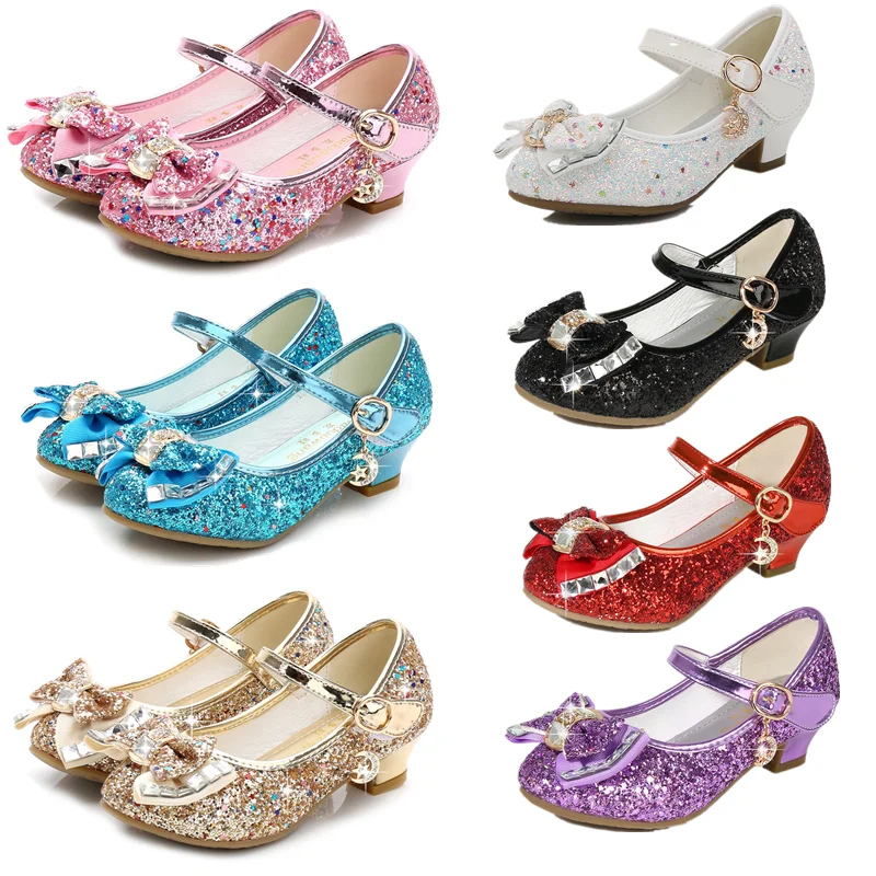 Top Trends: Girl Princess Leather Shoes Butterfly Knot High Heel Glitter Crystal Sandals Children Cosplay Shoes Kid Dance Performance Shoes Shoppable Styles