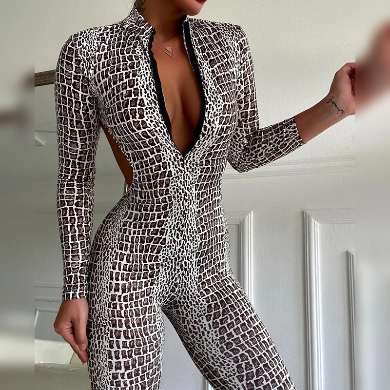 Top Trends: Oshoplive Snakeskin Printed Backless Zipper Jumpsuits One Piece Bodysuits Long Sleeve V-Neck Sexy Jumpsuit Clubwear For Women Shoppable Styles