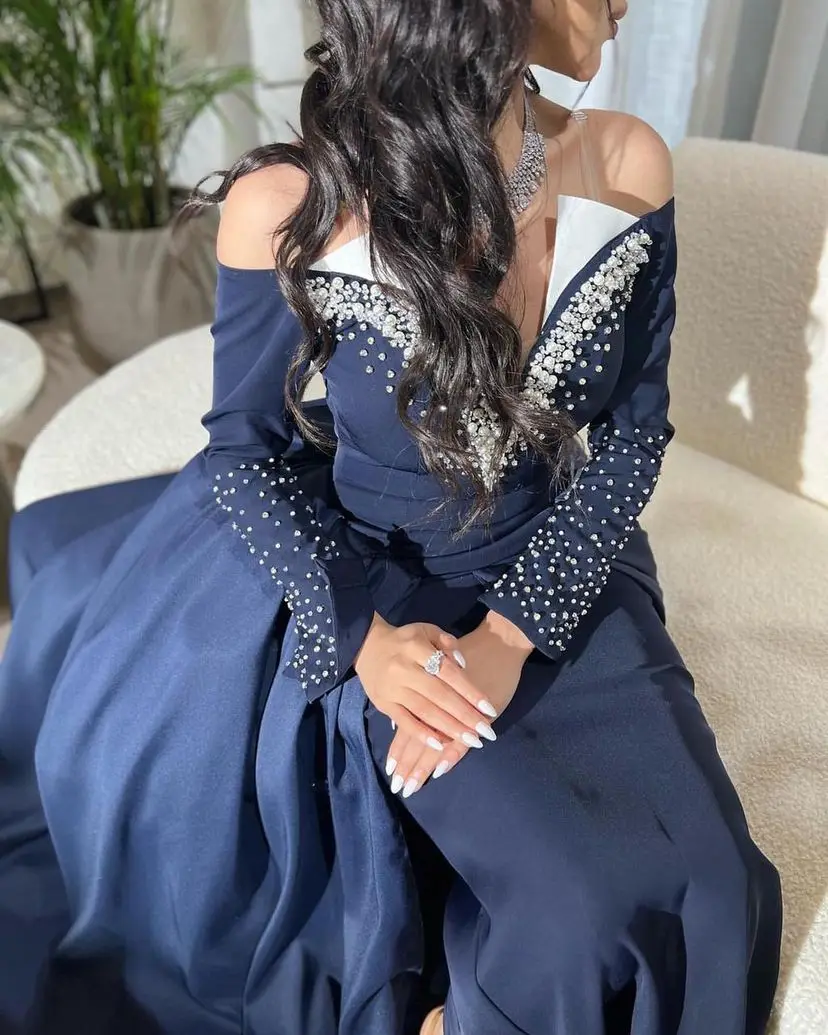 Top Trends: Navy Mermaid Long Sleeves Prom Dresses Formal Women Evening Gowns Pearls V Neck Floor Length Party Dresses Back Zipper Shoppable Styles - Image 4