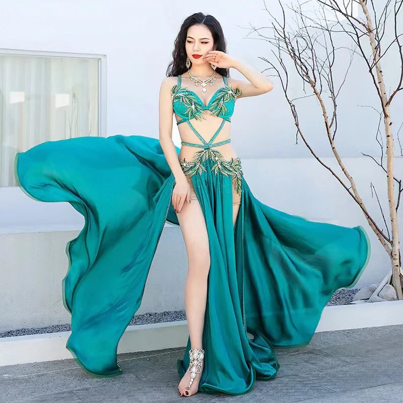 Top Trends: New Belly Dance Sexy Dance Set Handmade Sequins Beaded Embroidery Women Elegant Elegant Double Split Stage Costume Shoppable Styles