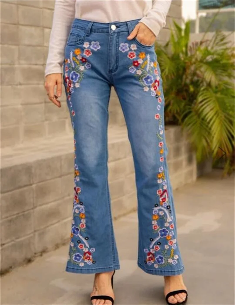 Top Trends: Elegant Embroidered Flowers Micro Flared Jeans Women's Intelligent Style Mid Waist Button Splicing Denim Pants Washable Trousers Shoppable Styles - Image 3