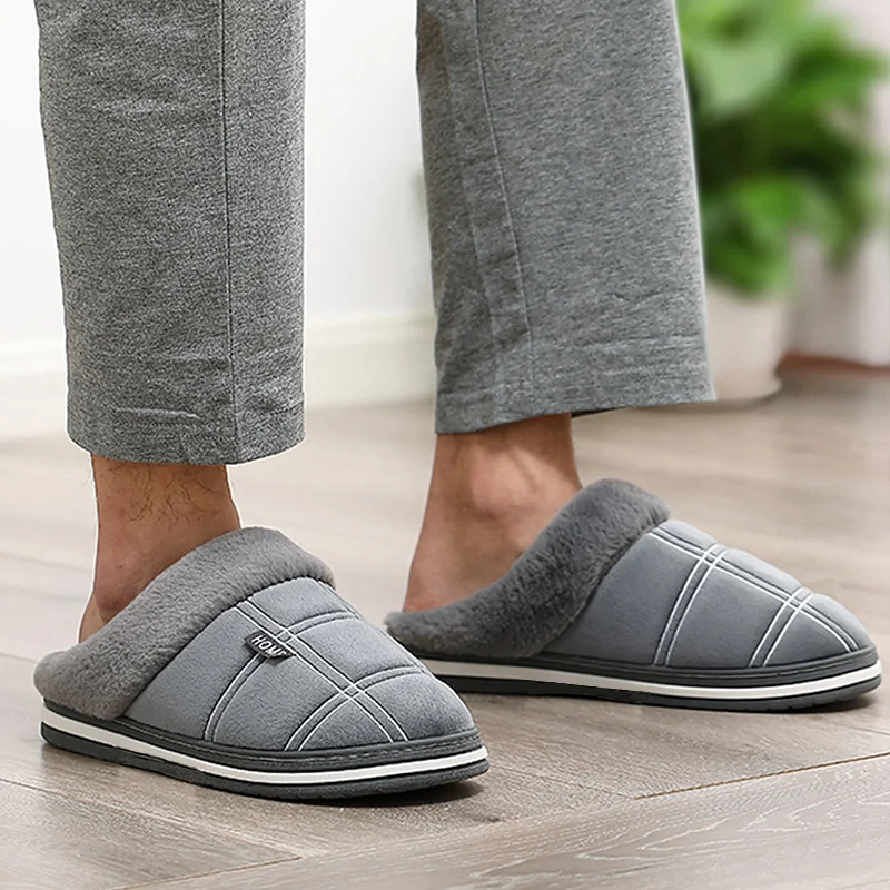 Top Trends: Home Men Slippers Winter Big Size 45-50 Gingham Warm Fur Slippers For Male Antiskid Suede Short Plush House Shoes Men Hot Sale Shoppable Styles