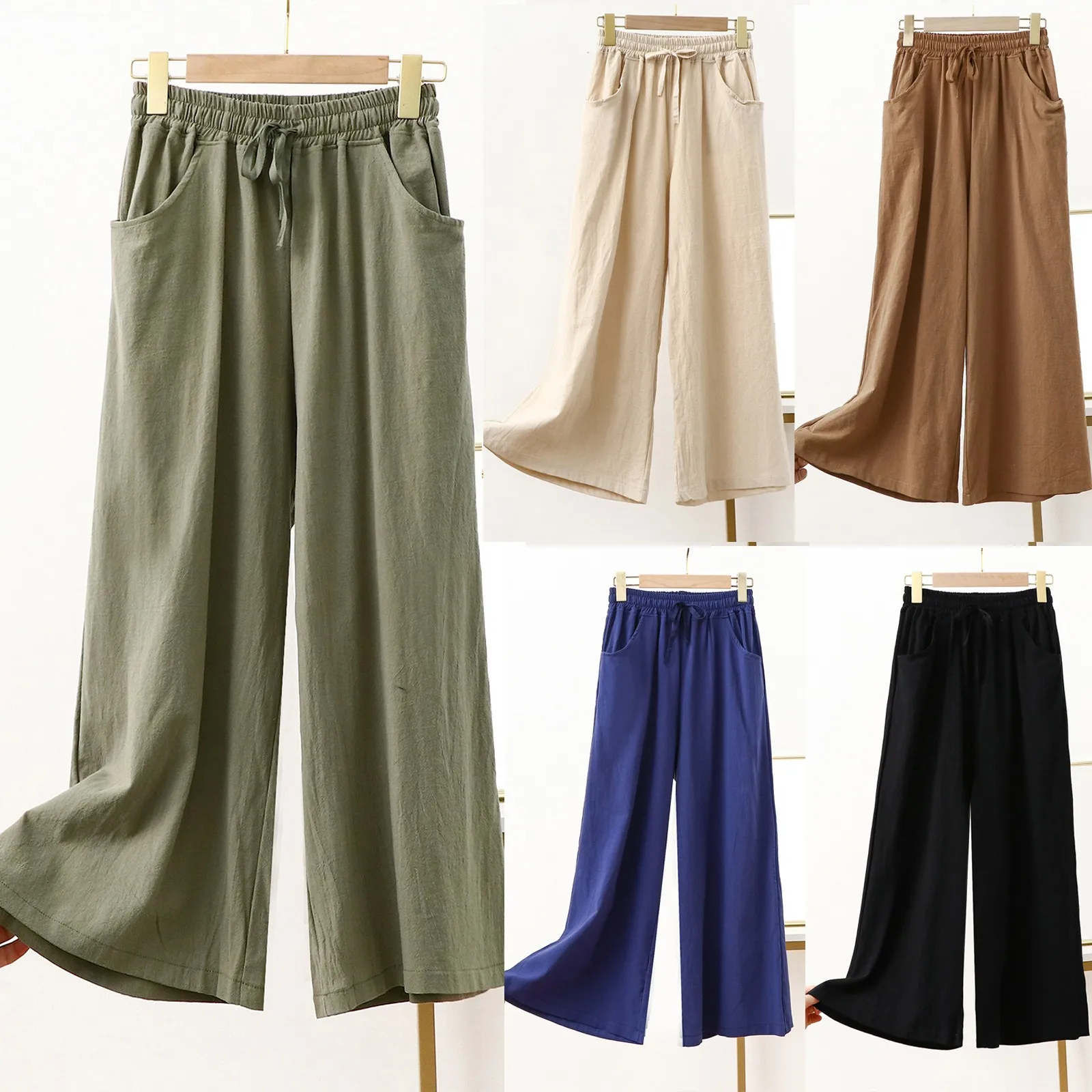 Top Trends: Summer Pants Drawstring Solid Color Wide Leg Pants Stylish Women&#039;s Clothing Elastic Waist Pockets Loose Vintage Cropped Pants Shoppable Styles