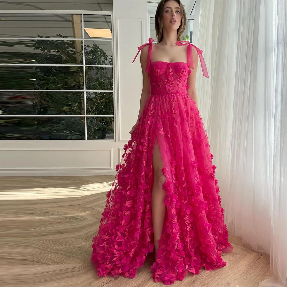 Top Trends: Sevintage Fuschia Floral Tulle Prom Dresses Lace Appliques 3D Flowers Spaghetti Strap High Side Split A-Line Evening Gowns 2023 Shoppable Styles