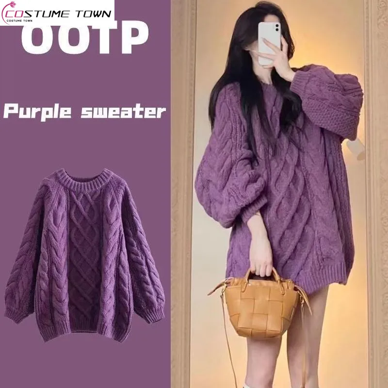 Top Trends: 2023 Spring And Autumn New Korean Round Neck Fried Dough Twist Braid Knits Purple Sweater Women&#039;s Slouchy Style Top Shoppable Styles