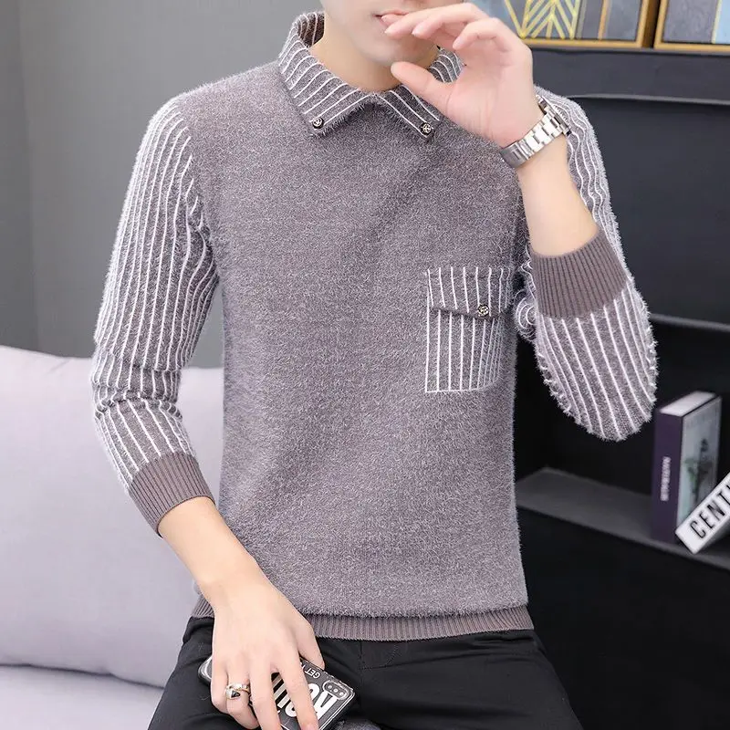 Top Trends: Fashion Striped Button Pockets Fake Two Pieces Sweaters Men&#039;s Clothing 2023 Autumn Winter Casual Pullovers Knitted Striped Tops Shoppable Styles