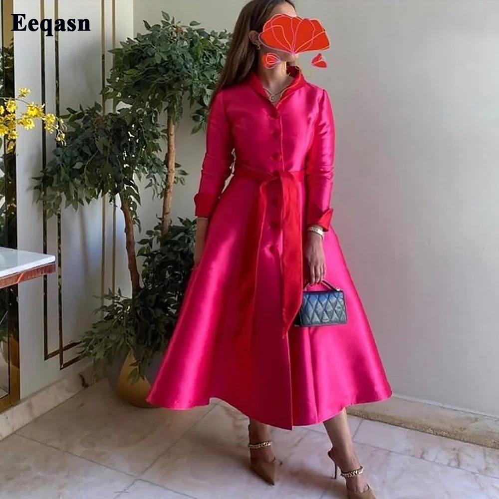 Top Trends: A Line Satin Saudi Arabia Prom Dresses Vintage Long Sleeves Tea-Length Fuchsia Evening Dress Women Formal Party Gowns Outfits Shoppable Styles