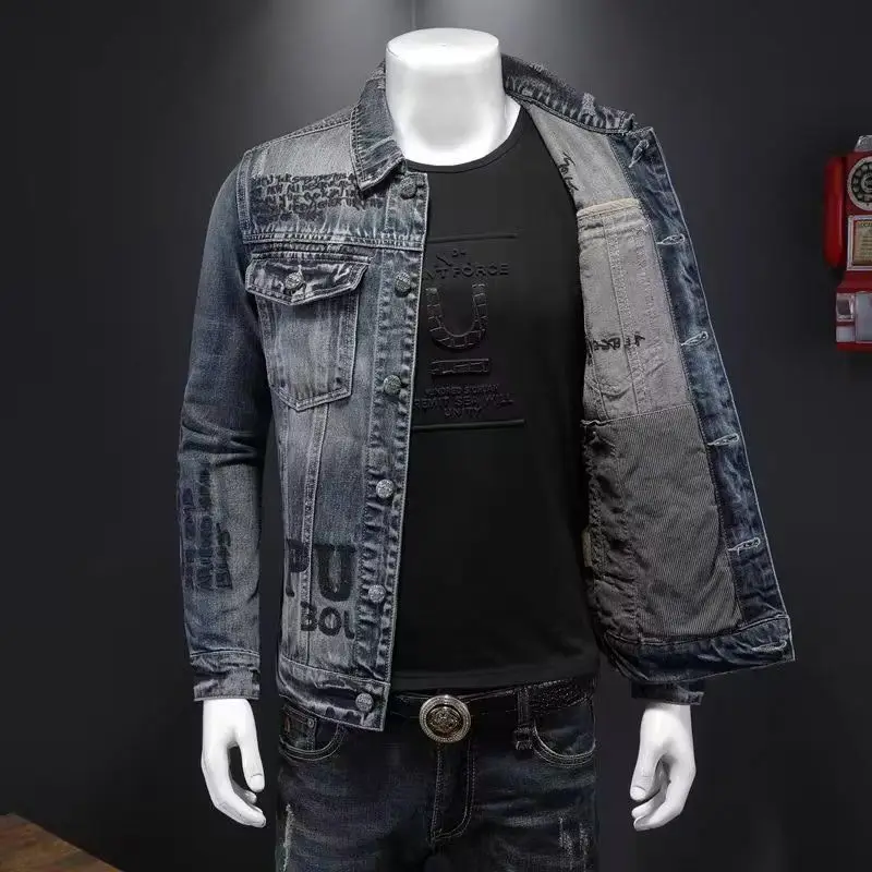 Top Trends: New Men's Denim Jacket Fashion Casual Lapel Handsome Motorcycle Jacket High Street Retro Trend Loose Denim Top Men's Clothing Shoppable Styles - Image 4