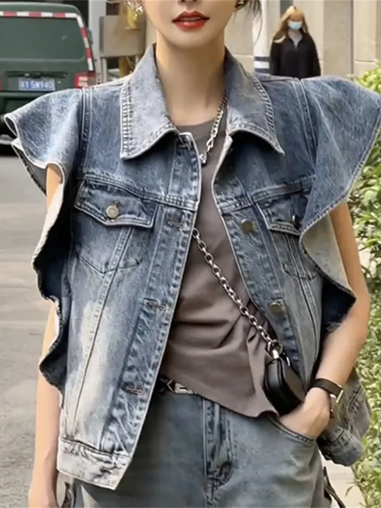 Top Trends: Spring Summer Sleeveless Single-breasted Blue Denim Vest Women&#039;s Ruffles Turn-down Collar Short Jean Jacket All-match Vest Coats Shoppable Styles