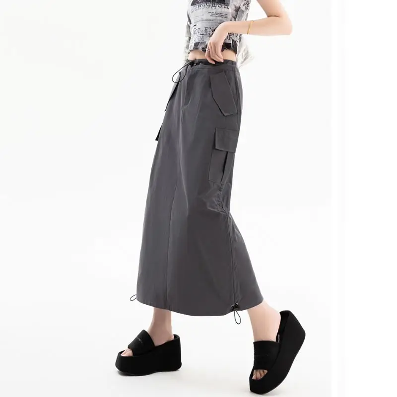 Top Trends: American Retro Cargo Skirt For Women Summer Slit Design Drawstring High Waist Mid-length Skirt Y2k Streetwear Fashion Clothing Shoppable Styles - Image 3