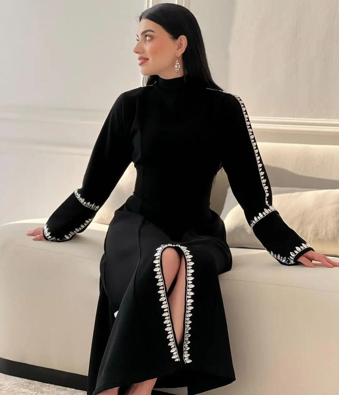 Top Trends: Fashionvane Black Front Slit Prom Dresses Saudi Arabia Women Wear High Collar Rhinestone Long Sleeves Evening Formal Gowns Shoppable Styles