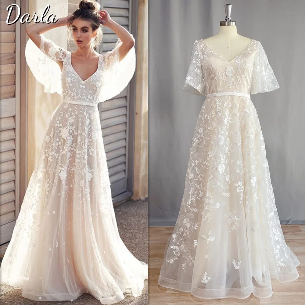 Top Trends: Darla Bohemian Lace Wedding Dress Elegant High Quality V Neck A Line Batwing Sleeve Bride Gown Zipper Sweep Train Robe De Mariée Shoppable Styles