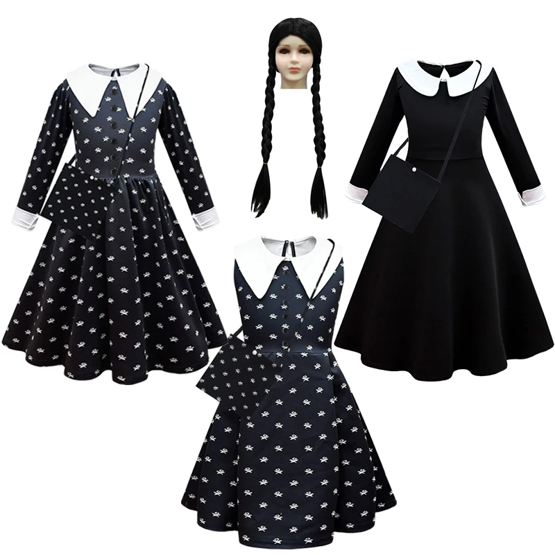 Top Trends: Fashion Kids Movie Wednesday Addams Cosplay Princess Dress And Wig Bag Set Girl Halloween Costume Carnival Gothic Black Clothes Shoppable Styles