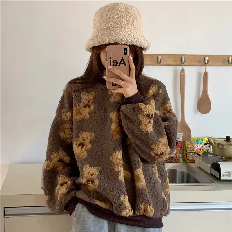 Top Trends: Tops Korean Winter Sweatshirts Lamb Hair Kawaii Cartoon Bear Print Long Sleeve O Neck Thick Warm Harajuku Ladies Fashion Hoodie Shoppable Styles