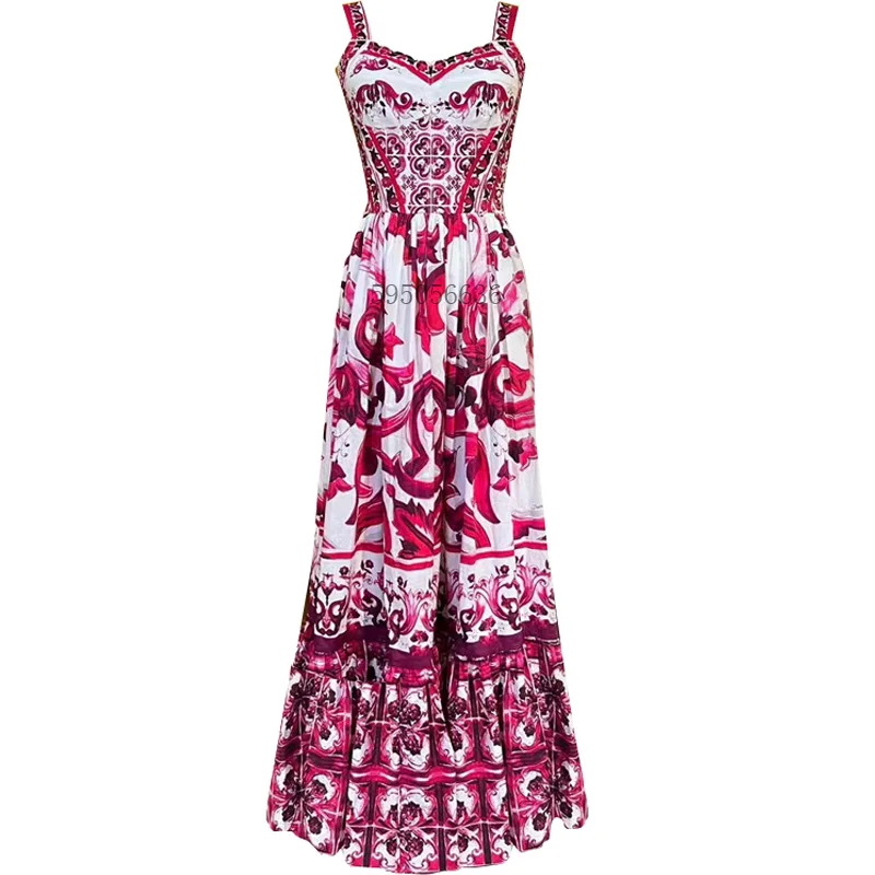 Top Trends: Women&#039;s V-Neck Red Blue And White Print Spaghetti Strap Holiday Maxi Dress Summer Runway Floral Print Vacation Long Robes Shoppable Styles