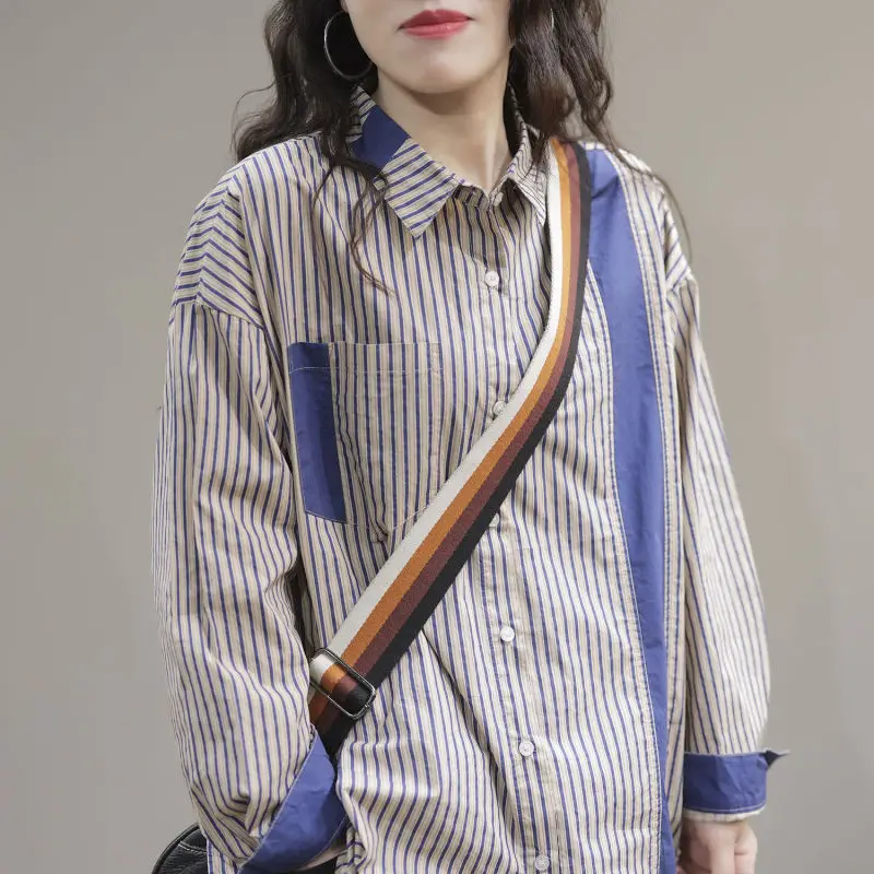 Top Trends: 2023 Spring And Autumn Fashion Commuting Simplicity Casual Art Flip Collar Stripe Blocked Loose Oversized Women's Shirt Shoppable Styles - Image 4