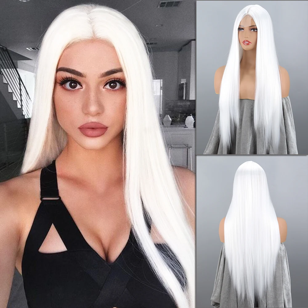 Top Trends: White Long Straight Front Synthetic Wig Without Bangs For Women Hair Fibers Are Heat Resistant Cosplay Daily Wear Shoppable Styles