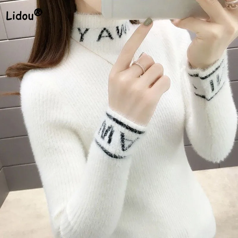 Top Trends: Autumn Winter Fashion Letter Spliced Solid Color Sweaters Women&#039;s Clothing All-match Slim Turtleneck Knitted Pullovers Female Shoppable Styles