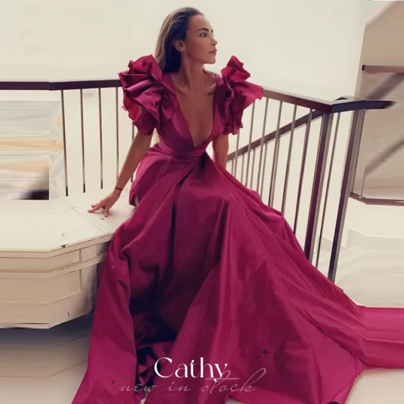 Top Trends: Cathy Rose Pink Prom Dress Sexy Deep V-neck ساتين حفلات Gorgeous A-line Vestidos De Fiesta Satin Floor Length Evening Dress Shoppable Styles