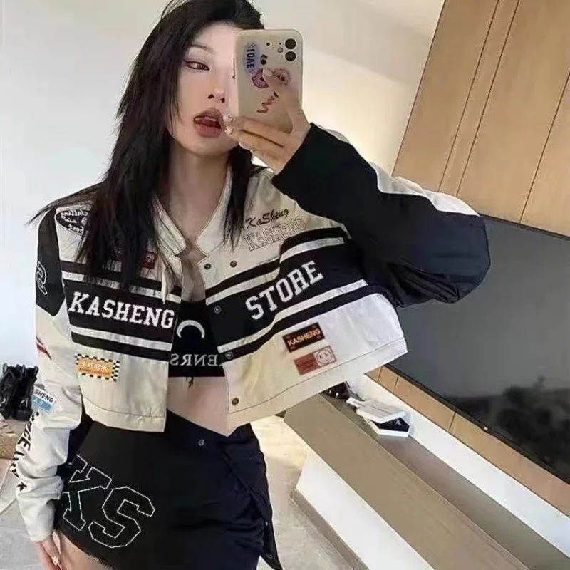 Top Trends: Vintage Women Baseball Jacket Spring Autumn America Racing Detachable Stand Collar Coat Patchwork Letter Embroidery Clothing Shoppable Styles