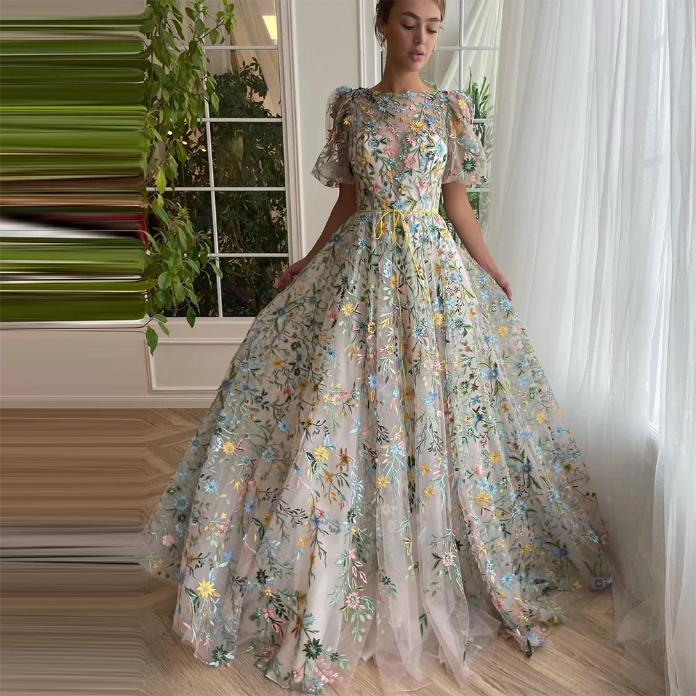 Top Trends: Sevintage Elegant Embroidery Lace Appliques Prom Dresses Puff Sleeves A-Line Long Wedding Party Gowns O-Neck Evening Dress 2023 Shoppable Styles