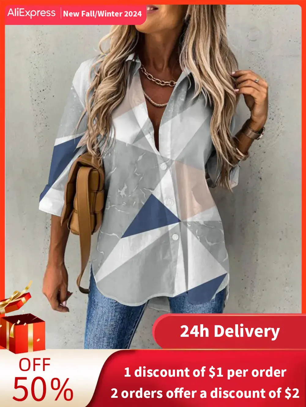 Top Trends: Women's Shirts & Blouses Geometric Figure 3D Printing Elegant Women Blouses Fashion Long-sleeved Female Clothing Tops Camisa Shoppable Styles