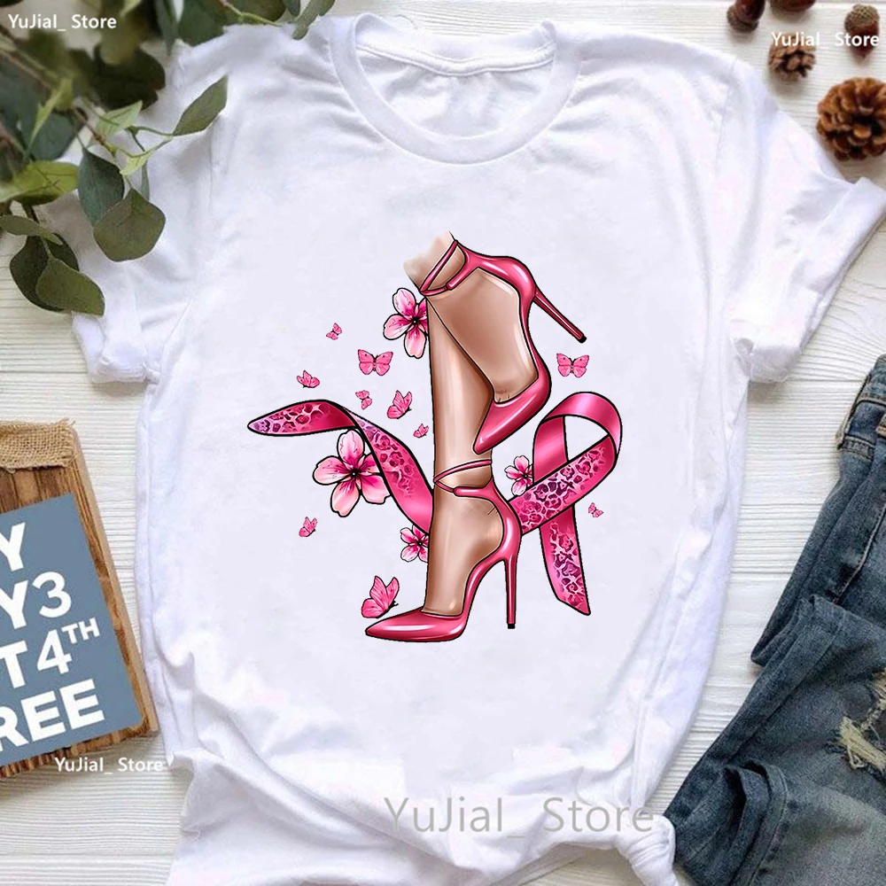 Top Trends: Breast Cancer Awareness Print T Shirt Women Pink High Shoes Tshirt Femme Summer Short Sleeve T-Shirt Female Dropshipping Shoppable Styles