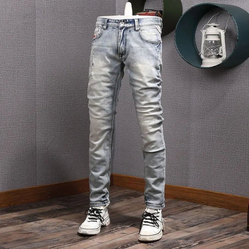 Top Trends: Newly Designer Fashion Men Jeans High Quality Retro Light Blue Elastic Slim Fit Ripped Jeans Men Vintage Casual Denim Pants Shoppable Styles