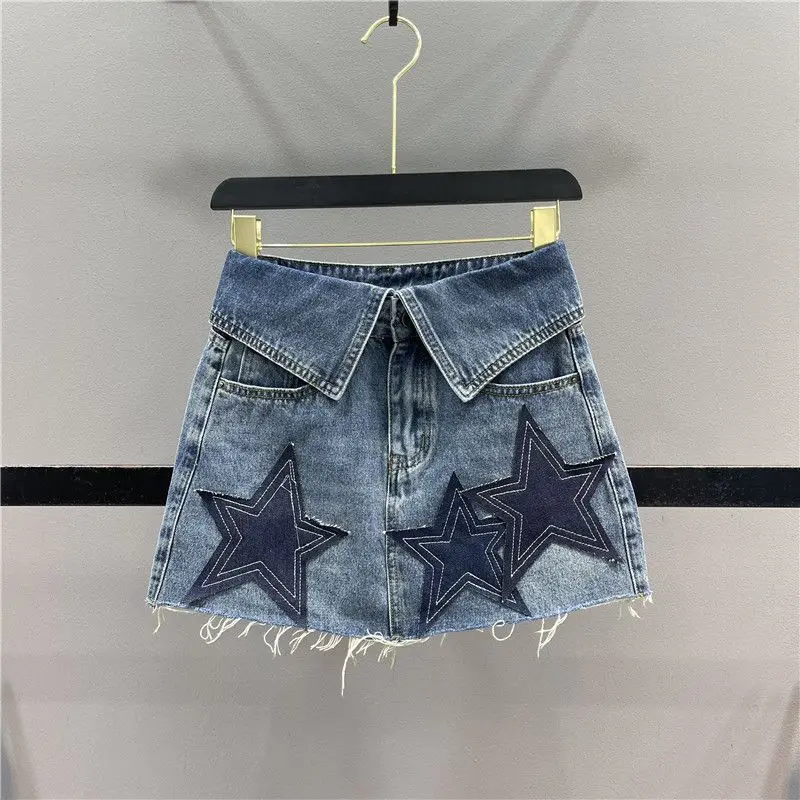 Top Trends: Folded Waist Star Patch Denim Short Skirt For Women In 2023 Summer Retro Spicy Girl A-line Half Body Skirt Shoppable Styles