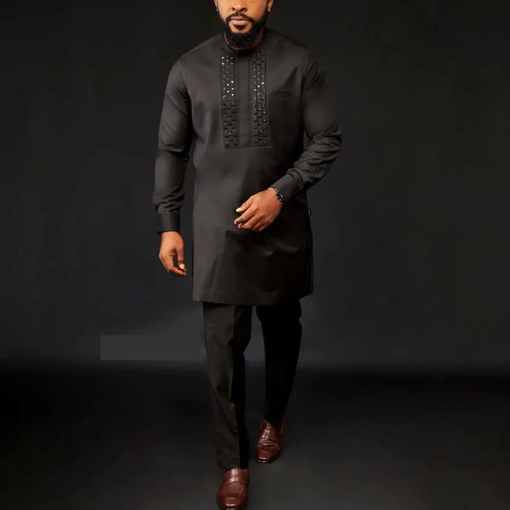 Top Trends: The New Summer Banquet Ethnic Wind Dashiki Men's Suit Unique Design Personality Flamboyant Long-Sleeved Top Pants Two-Piece Set Shoppable Styles