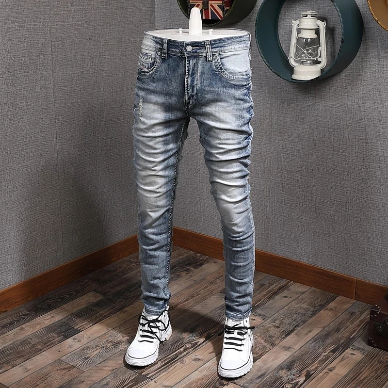 Top Trends: Fashion Designer Men Jeans Retro Light Blue Stretch Slim Fit Printed Ripped Jeans Men Hole Trousers Vintage Casual Pants Hombre Shoppable Styles