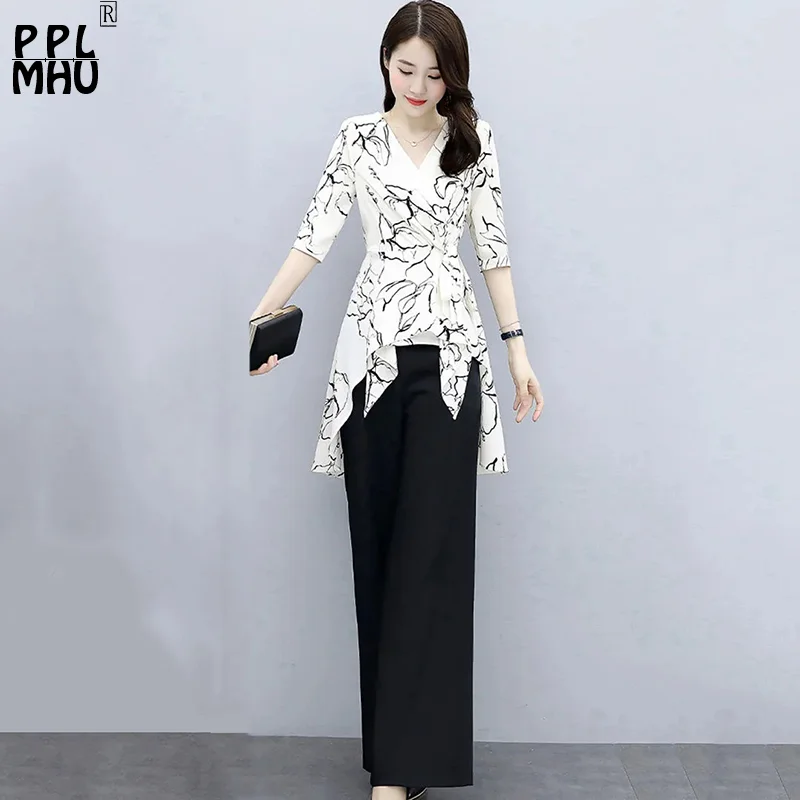 Top Trends: Elegant Slim Print Two Piece Sets Women Summer Thin Office Suit Fashion V-Neck Half Sleeve Tops High Waist Wide Leg Pants Suit Shoppable Styles