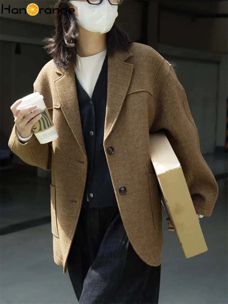 Top Trends: HanOrange 2024 Winter Casual Vintage Wool Suit Coat Women Loose Fashion Woolen Blazer Jacket Female Brown Coffee Retro Shoppable Styles