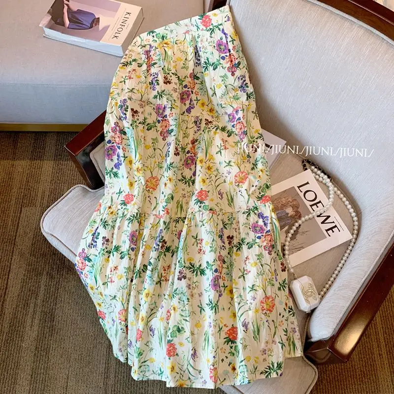 Top Trends: Fashion Classic Printing Floral Skirt Women Summer Slim Temperament Gentle Wind High Waisted All-match Lady Umbrella Skirt Shoppable Styles