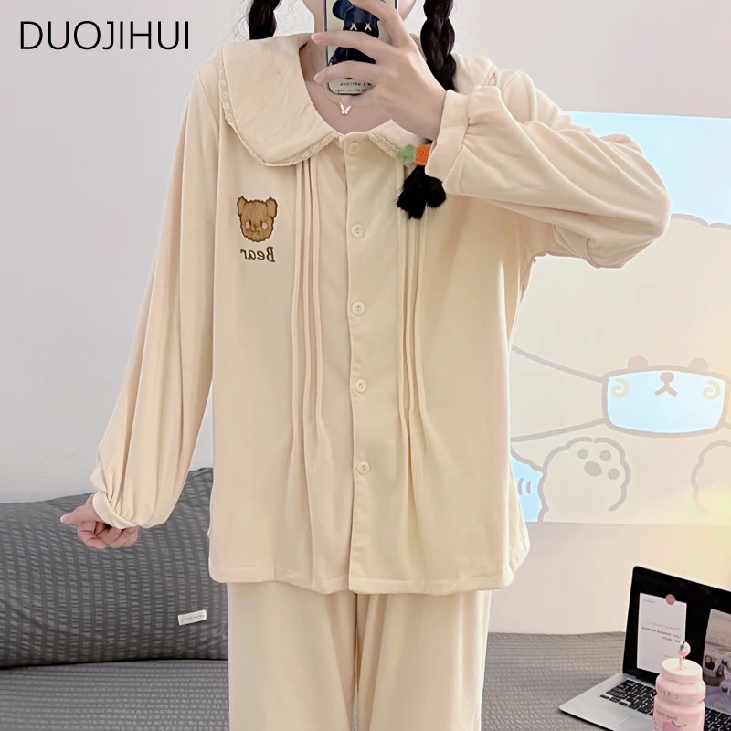 Top Trends: DUOJIHUI Two Piece Sweet Casual Home Pajamas For Women New Long Sleeve Cardigan Simple Pant Fashion Autumn Female Pajamas Set Shoppable Styles