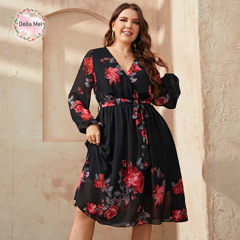 Top Trends: Della Mel Plus Size Floral Print V Neck Midi Belted Dress Women Casual Clothing Black Long Sleeve Party Elegant Vintage Dresses Shoppable Styles