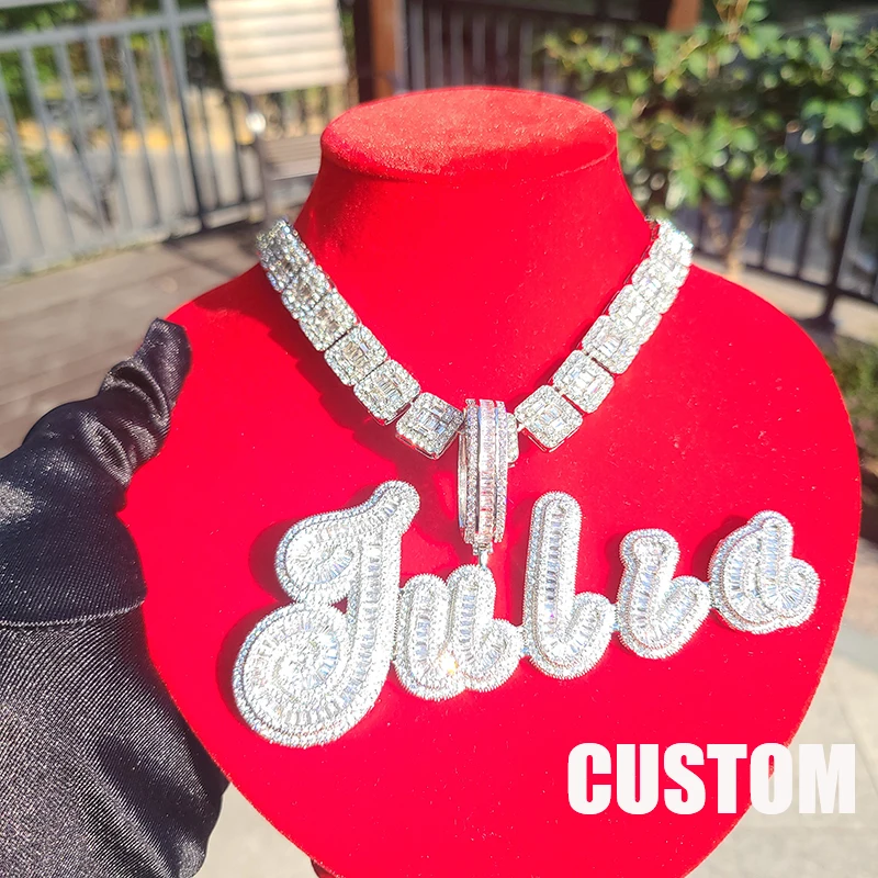 Top Trends: Custom Big Brush Cursive Iced Out Name Pendant Bubble Letters Word Necklace With Rhinestone Baguettes Chain Letter Jewelry Shoppable Styles