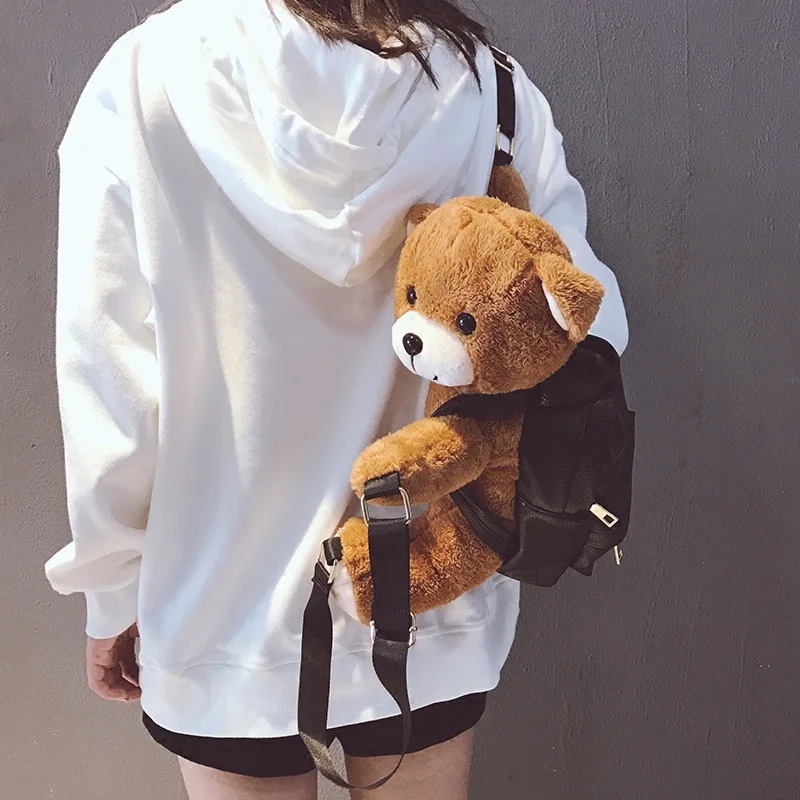 Top Trends: PU Leather Trendy Backpack Cartoon Plush Little Bear Motorcycle Style Large Capacity Backpack Cute Girl Backpack Dual Size Shoppable Styles